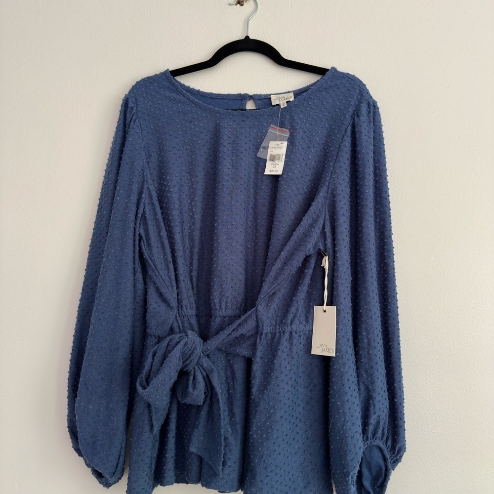 Ava James Blue Swiss Dot Front Tie Long Sleeve Blouse Plus Size 2X NWT